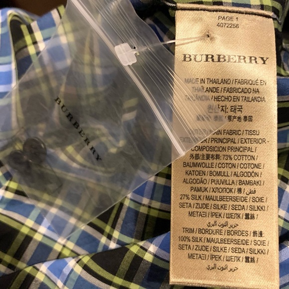 Burberry Saoirse Plaid Long Sleeve Silk Trim Button Shirt Azure Blue - Picture 14 of 16